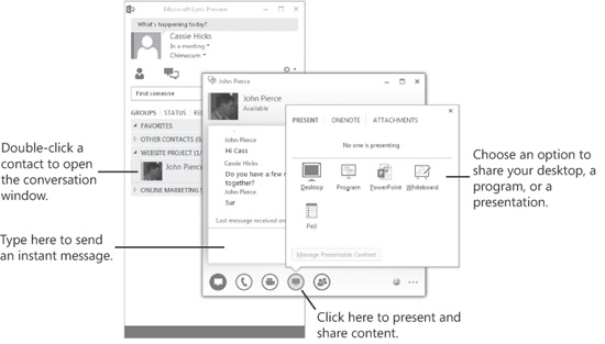 The contact list appears in the main Lync window. Double-click a contact to open the conversation window. Use the conversation window to send an instant message or access other options for team communication. Click the monitor icon in the conversation window to collaborate on files, brainstorm on a whiteboard, or conduct a poll.