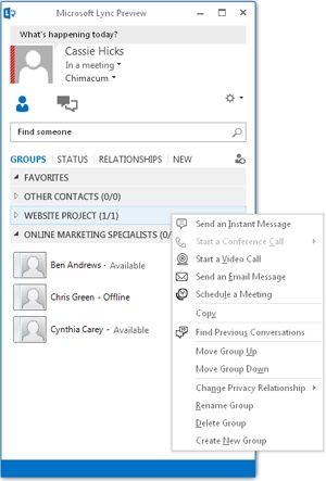 Use this menu to contact team members who are available or to rename, delete, or change the order of contact groups.