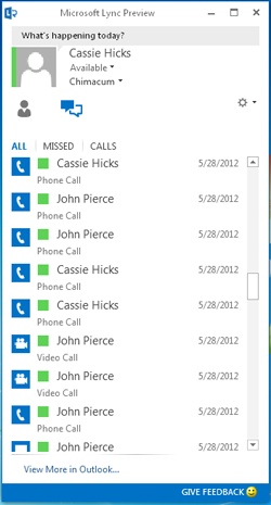 The conversation history in Lync includes calls you missed. Double-click an entry to resume the conversation.