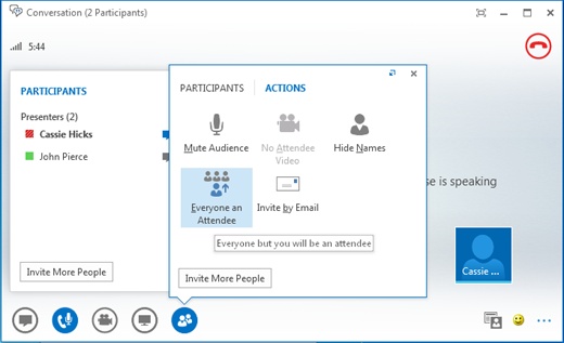 Use the Actions window to manage meeting options.