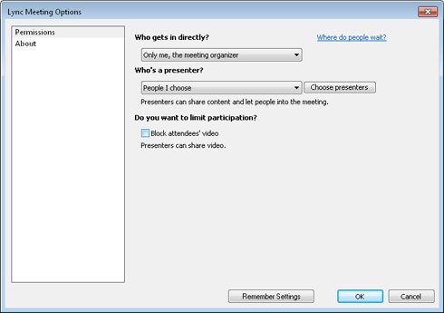 Review meeting access and presenter options in the Link Meeting Options dialog box. Presenters have more control of meetings, which might be what you need.