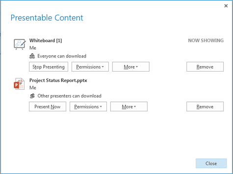 Use the Manage Presentable Content button to open this window, where you can adjust permissions, save shared content, and remove content from the stage.