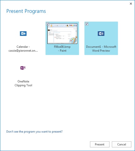 Lync doesn’t give you the option to start a program when you choose the Program option. The program you want to share must be running on your computer before you share it.