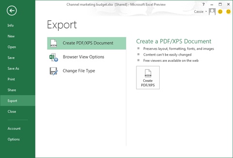 To distribute a workbook to others, you can create a PDF file or change the file type, including to earlier versions of Excel.