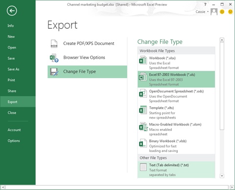 Convert a workbook to a different file type to share it with people who don’t use Excel, use an earlier version of the program, or need to import Excel data into a database.