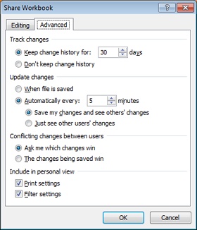 One important option you set for a shared workbook is how to manage conflicts that multiple users can introduce. By default, Excel asks you which changes should “win.”