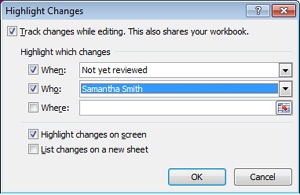 When you want to review changes on the screen, apply selections from the When, Who, and Where lists to specify which changes you want Excel to display.