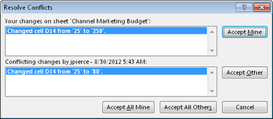 Excel displays conflicts in a shared workbook in the Resolve Conflicts dialog box. You can then review which change you want to preserve.