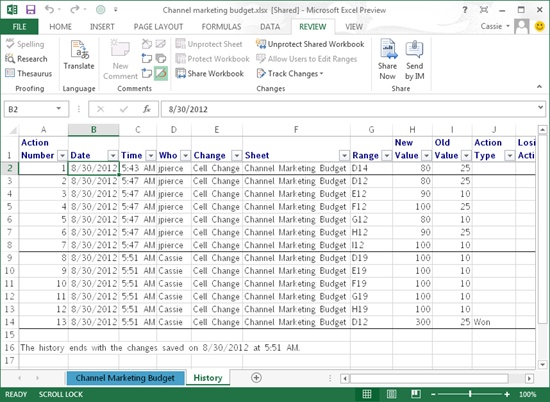 When you stop sharing a workbook, Excel erases the change history. To preserve a record of changes, print the History worksheet or copy it to a separate workbook.