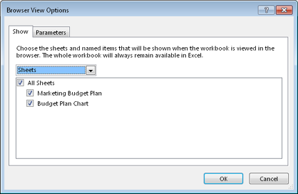 Before you publish a workbook to SharePoint or SkyDrive, you can specify which portions will be visible in the browser for viewing. Use the Parameters tab to make named cells editable.