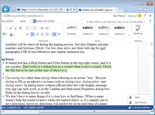 Check the status bar to see who’s editing a document. Updates made by a coauthor are highlighted in green.