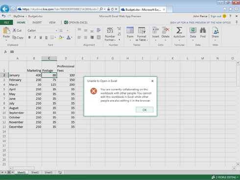 You can’t open a workbook in Excel if more than one person is editing the file in Excel Web App.