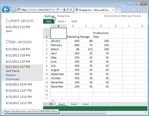 Office Web Apps give you access to previous versions of a file. Click Restore to make the selected version the current version on SkyDrive. Click Download to create a copy on your computer.