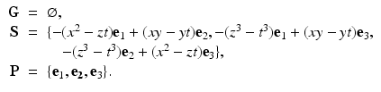 
$$\displaystyle\begin{array}{rcl} \mathbf{G}& =& \varnothing, {}\\ \mathbf{S}& =& \{-(x^{2} - zt)\mathbf{e}_{ 1} + (xy - yt)\mathbf{e}_{2},-(z^{3} - t^{3})\mathbf{e}_{ 1} + (xy - yt)\mathbf{e}_{3}, {}\\ & & \quad - (z^{3} - t^{3})\mathbf{e}_{ 2} + (x^{2} - zt)\mathbf{e}_{ 3}\}, {}\\ \mathbf{P}& =& \{\mathbf{e}_{1},\mathbf{e_{2}},\mathbf{e}_{3}\}. {}\\ \end{array}$$
