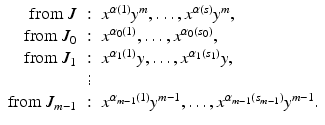 
$$\displaystyle\begin{array}{rcl} \text{from}\ J&:& x^{\alpha (1)}y^{m},\ldots,x^{\alpha (s)}y^{m}, {}\\ \text{from}\ J_{0}&:& x^{\alpha _{0}(1)},\ldots,x^{\alpha _{0}(s_{0})}, {}\\ \text{from}\ J_{1}&:& x^{\alpha _{1}(1)}y,\ldots,x^{\alpha _{1}(s_{1})}y, {}\\ & \vdots& {}\\ \text{from}\ J_{m-1}&:& x^{\alpha _{m-1}(1)}y^{m-1},\ldots,x^{\alpha _{m-1}(s_{m-1})}y^{m-1}. {}\\ \end{array}$$
