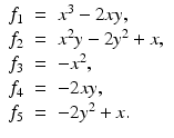 
$$\displaystyle\begin{array}{rcl} f_{1}& =& x^{3} - 2xy, {}\\ f_{2}& =& x^{2}y - 2y^{2} + x, {}\\ f_{3}& =& -x^{2}, {}\\ f_{4}& =& -2xy, {}\\ f_{5}& =& -2y^{2} + x. {}\\ \end{array}$$
