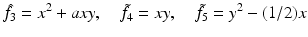 
$$\displaystyle{ \hat{f } _{3} = x^{2} + axy,\quad \tilde{f }_{ 4} = xy,\quad \tilde{f }_{5} = y^{2} - (1/2)x }$$
