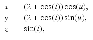 
$$\displaystyle\begin{array}{rcl} x& =& (2 + \mathrm{cos}(t))\mathop{ \mathrm{cos}}\limits (u), {}\\ y& =& (2 + \mathrm{cos}(t))\mathop{ \mathrm{sin}}\limits (u), {}\\ z& =& \mathop{\mathrm{sin}}\limits (t), {}\\ \end{array}$$
