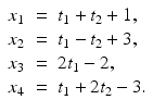 
$$\displaystyle\begin{array}{rcl} x_{1}& =& t_{1} + t_{2} + 1, {}\\ x_{2}& =& t_{1} - t_{2} + 3, {}\\ x_{3}& =& 2t_{1} - 2, {}\\ x_{4}& =& t_{1} + 2t_{2} - 3. {}\\ \end{array}$$
