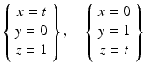 
$$\displaystyle{\left \{\begin{array}{c} x = t\\ y = 0 \\ z = 1\\ \end{array} \right \},\quad \left \{\begin{array}{c} x = 0\\ y = 1 \\ z = t\\ \end{array} \right \}}$$
