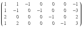 
$$\displaystyle{\left (\begin{array}{rrrrrrr} 1\ & \ 1\ &\ \, - 1\ & \ 0\ & \ 0\ & \ 0\ &\ \, - 1\\ 1\ &\ \, - 1\ & \ 0\ &\ \, - 1\ & \ 0\ & \ 0\ &\ - 3 \\ 2\ & \ 0\ & \ 0\ & \ 0\ &\ \, - 1\ & \ 0\ & \ 2\\ 1\ & \ 2\ & \ 0\ & \ 0\ & \ 0\ &\ \, - 1\ & \ 3 \end{array} \right )}$$
