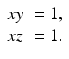 
$$\displaystyle{ \begin{array}{ll} xy& = 1, \\ xz & = 1. \end{array} }$$
