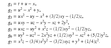 
$$\displaystyle\begin{array}{rcl} & & g_{1} = t + u - x, {}\\ & & g_{2} = u^{2} - x^{2} + y, {}\\ & & g_{3} = ux^{2} - uy - x^{3} + (3/2)xy - (1/2)z, {}\\ & & g_{4} = uxy - uz - x^{2}y - xz + 2y^{2}, {}\\ & & g_{5} = uxz - uy^{2} + x^{2}z - (1/2)xy^{2} - (1/2)yz, {}\\ & & g_{6} = uy^{3} - uz^{2} - 2x^{2}yz + (1/2)xy^{3} - xz^{2} + (5/2)y^{2}z, {}\\ & & g_{7} = x^{3}z - (3/4)x^{2}y^{2} - (3/2)xyz + y^{3} + (1/4)z^{2}. {}\\ \end{array}$$
