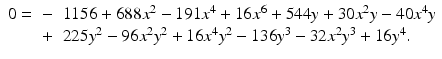 
$$\displaystyle\begin{array}{rcl} 0 =& -& 1156 + 688x^{2} - 191x^{4} + 16x^{6} + 544y + 30x^{2}y - 40x^{4}y {}\\ & +& 225y^{2} - 96x^{2}y^{2} + 16x^{4}y^{2} - 136y^{3} - 32x^{2}y^{3} + 16y^{4}. {}\\ \end{array}$$
