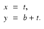 
$$\displaystyle\begin{array}{rcl} x& =& t, {}\\ y& =& b + t. {}\\ \end{array}$$
