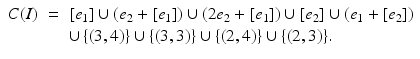 
$$\displaystyle\begin{array}{rcl} C(I)& =& [e_{1}] \cup (e_{2} + [e_{1}]) \cup (2e_{2} + [e_{1}]) \cup [e_{2}] \cup (e_{1} + [e_{2}]) {}\\ & & \cup \,\{(3,4)\} \cup \{ (3,3)\} \cup \{ (2,4)\} \cup \{ (2,3)\}. {}\\ \end{array}$$
