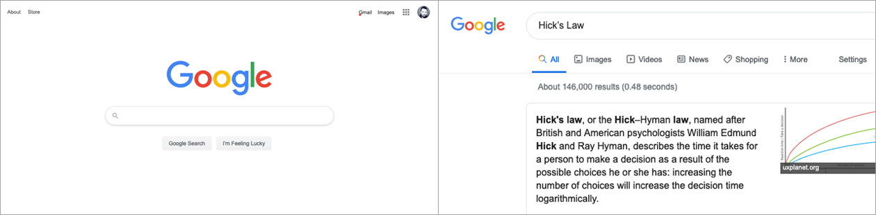 Google simplifies the initial task of searching (left) and provides the ability to filter results only after the search has begun (right) (source: Google, 2020)