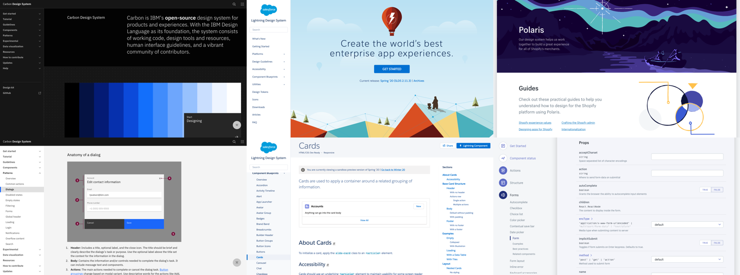 Design systems have enabled design to scale in a manageable and consistent manner within a number of well-known companies—pictured here, from left to right, are Carbon Design System by IBM, Lightning Design System by Salesforce, and Polaris by Shopify (source: IBM, Salesforce, Shopify, 2020)