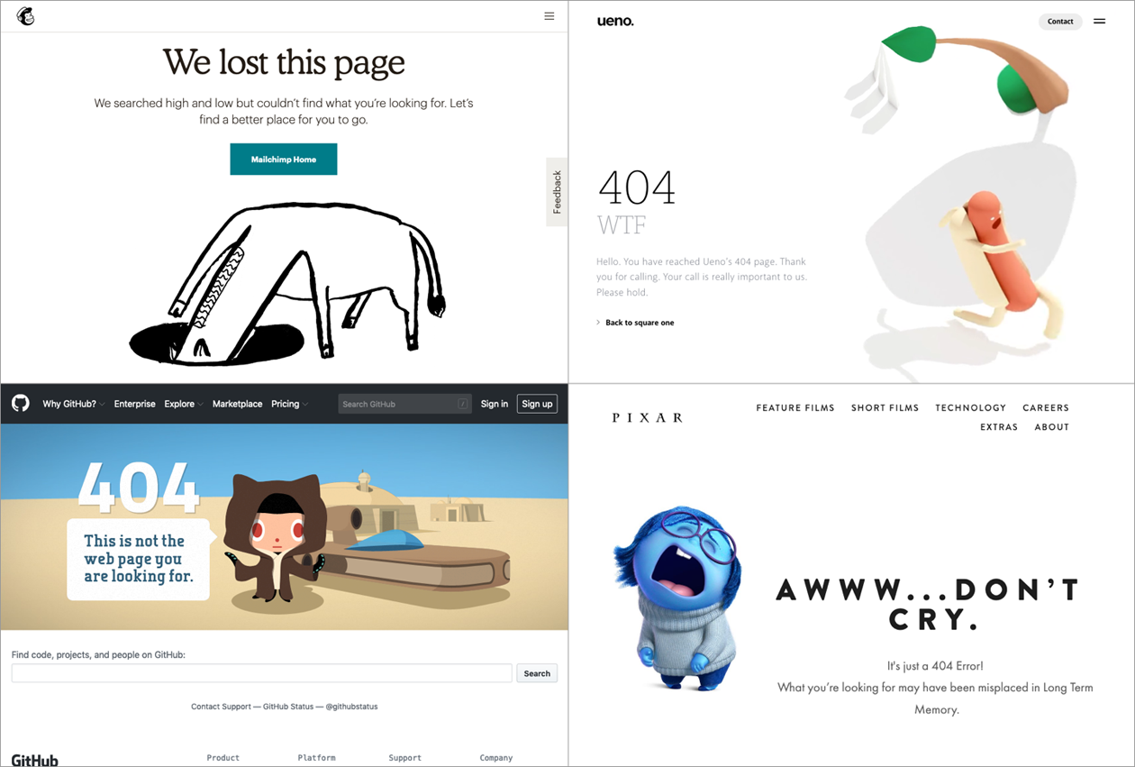 Various 404 pages that use humor and brand personality (sources [clockwise from top left]: Mailchimp, Ueno, Pixar, and GitHub, 2019)