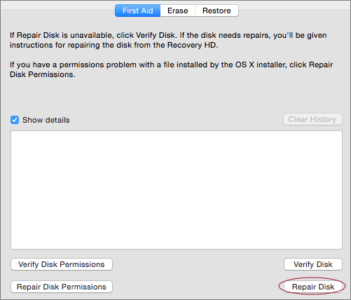 ⑤ 	Once in Recovery mode, you can select your startup drive and click Repair Drive (circled).