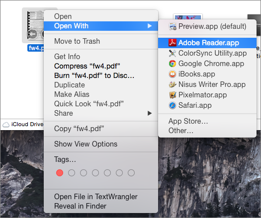 ⑧ 	To open a file in an app that’s different from the default, Control-click the file’s icon in the Finder and choose Open With > _AppName_.