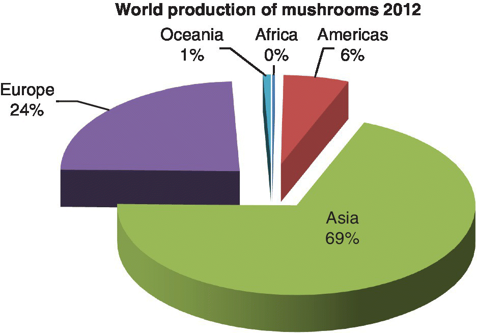 Exploded 3D pie chart of mushroom and truffle relative production per continent percentage, 2012: Asia, 69%; Europe, 24%; Americas, 6%; and Oceana, 1%.