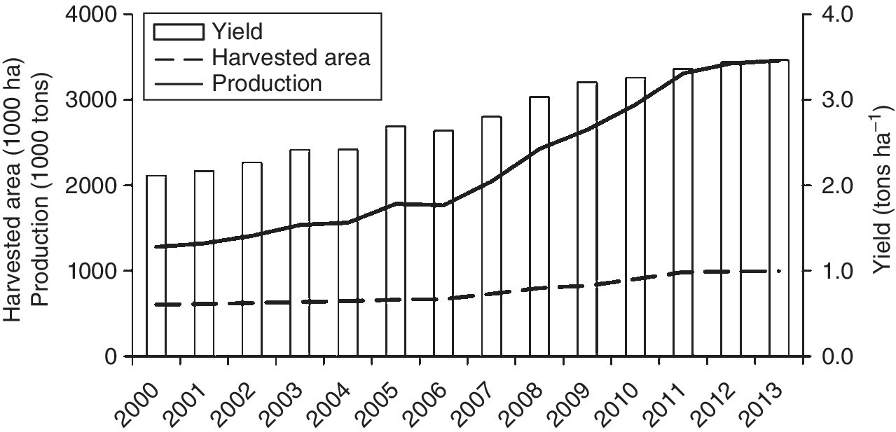 Bar graph of walnut yields from 2000 to 2013 with slightly horizontal dashed and ascending solid curves representing harvested area and production, respectively, depicting evolution of walnut production.