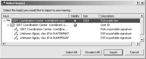 The PGPkeys application allows you to view the contents of any key on your hard disk. Once you view the key, you can decide whether or not to “import” the key—that is, to add it to your key chain.