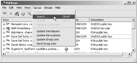 To search for a key on the PGP public key server, choose “Search...” from the “Server” menu