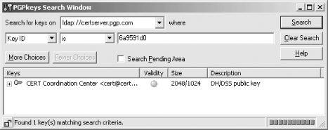 Searching for Key0x6A9591D0 on the PGP public key server finds the PGP key for the CERT Coordination Center