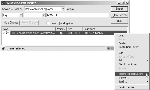 After you find a key on the public key server, you can import it by right-clicking on the key and choosing “Import to Local Keyring.”
