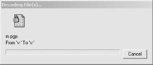 PGP displays the “Decrypting File(s)...” pop-up while it is decrypting a file. You can cancel this operation by clicking on the Cancel button.