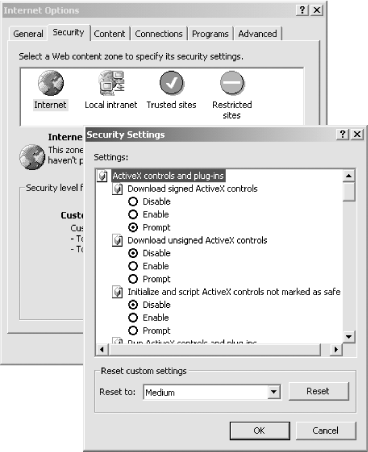 Internet Explorer’s security settings determine whether ActiveX controls will be downloaded and how they will be run.