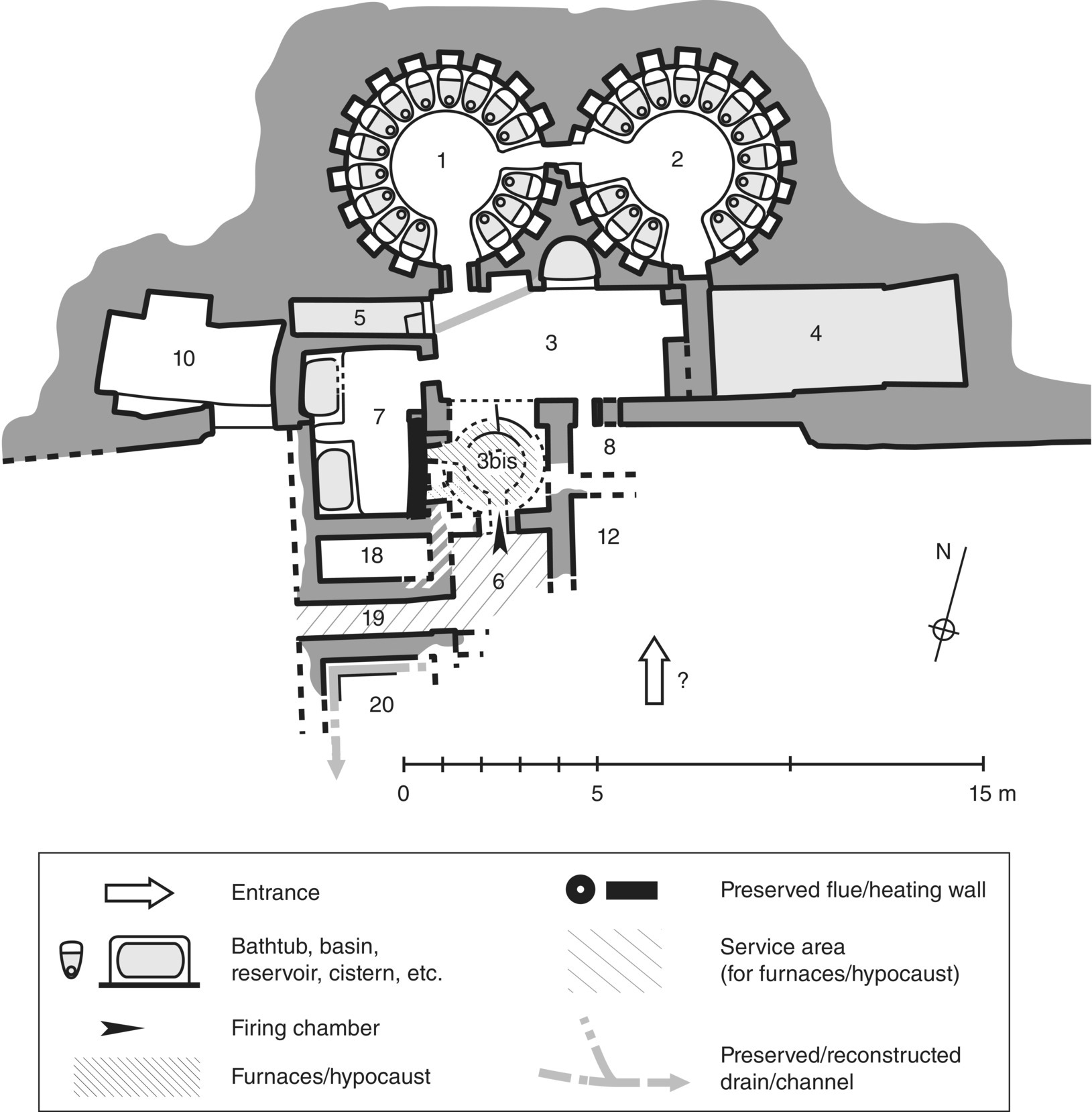 Floor plan of Taposiris Magna, Baths on top with legends depicted at the bottom.