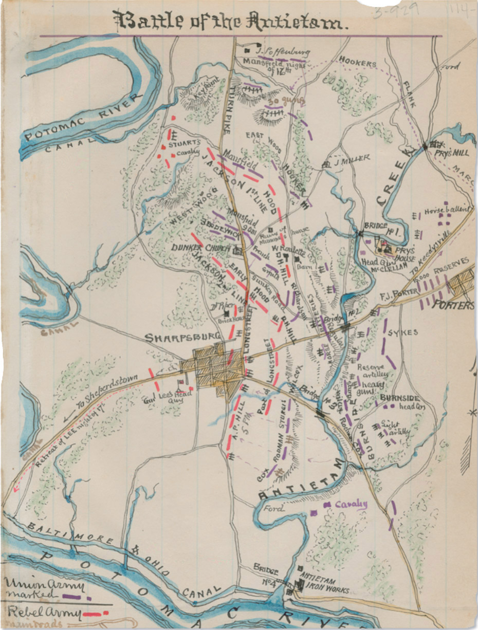 Battle of the Antietam. POTOMAC RIVER CANAL Key Point J. Po Heraburg Mansfield night of 16th HOOKERS TIJRN PIKE 30 guns STUARTS Caralay EAST WOOD Mansfiled HOOD JACKSON 1ST-LINE WEST WOOD Mansfiled 9 oni SEODEWICK DUNKER CHURCH EARLY JACKSON 2nd LINE Brick House SHARPSBURG To Sheperdstown Retreat of Lee night of 17th Gurl Lees Head Quns BALTIMORE OHIO CANAL POTOMAC RIVER Union army marked Rebel army main roads Russy of Mummne French W Roulette D H. Hill Smith Richard son Sunken Road Hood RH-HILL LONG STREET LONG STREET HORSE WIL COX BRIDGE A.P. HILL Part of COX RODMAN STURGIS ANTIETAM Ford Cavalry BRIDGE AHTIETAM IRON WORKS H04 J MILLER CREEK HOUSE Bari BATTERIES Bridege Regular FLANK fOrd PRYS MILL MARC Horse ballend PYRS HOUSE HEAD Q W MC CLELLAN TO KEEDYSRILLE F.J. PORTER SYKES Reserve artilley heavy guns BURNSIDE head an Scurys wailer N.3 Sight artetty BURNSIDE To Keedysrille 15,000 RESERVES PORTERS