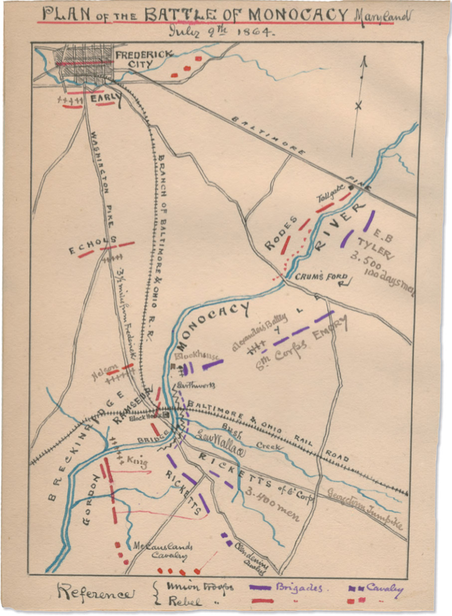 Plan OF THE BATTLE OF MONOCACY Mary Land July 9th 1864. FREDERICK CITY EARLY BALTIMORE PINE BRANCH OF BALTIMORE & OH10 R.R. WASHINGTON PIKE 31/2 miles from Frederick ECHOLS Nelson RODES Tollgate RIVER CRUMS FORD R/ E.B TYLER/3.500  100 days mest MONOCACY Blockhouse Alexanders Batty 8th Corps EMORY Southerns BALTIMORE & OH1O RAIL ROAD Bush Creek Sewrrallaw georgetann Jumpike RICKETTS OF 6 degree Corp 3.400 men King GORDON RICKETTS Mecauscands Cavalry Clondenims Cavalry Reference Union Crops Rebel Brigacles Cavalry