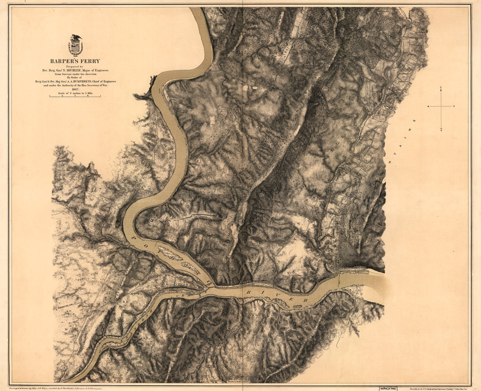 HARPER’S FERRY Prepared by Bvt. Brig. Gen1. N. MICHLER. Major of Engineers from Surveys under his directions By Order of Brig. Gen1. & Bvt. Maj. Gen1. A. A. HUMPHREYS, Chief of Engineers and under the Authority of the Hon. Secretary of War. 18673 SCale of 3 inches to 1 Mile. J. Brown MARYLAND HEIGHTS PLEASANT VALLEY SOUTH MOUNTAINS PORT DUNGAN POTOMAC SHENANDOAH RIVER RIVER