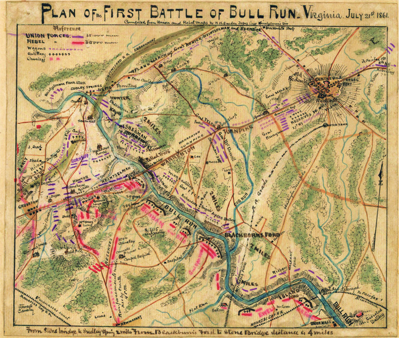 PLAN OF the FIRST BATTLE OF BULL RUN. Virginia JULY 21st 1861. Compiled from Union and Rebel maps by R.K Sneden Jopos Eugar Seinbelmans Dir Preference UNION FORCES. 35.000 Men REBEL FORCES. 30.000 Men Wagons 00000000000 SUDLEY SPRINGS UNFINISHED R R EMBANKMENT Thomtons HUNTER Keyes 2 MILES SHERMAN BURNSIDE Ford FLANK MARCH OF Gen’s HUNTER HEINTZELMAN and BURNSIDE. LOCKE BULL RUN BLACK BURNS FORD 2 MILES MILES Richard ISLAND Flat Run NEW MARKET CUB RUN TURNPIKE WARRENTON Genl MILES CENTREVULLE From stons lsridge to sundlly sping 2 miles from Beackumins Ford to stone Bridge instanll is 4 miles