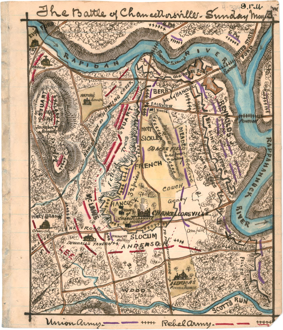 The Battle of Chaneellons villes. Sunday mountain Elys Ford RAPIDAN PONTOON taken up River PONTOON UNITED STATES FORD OLD REBEL FORT ERY CHURCH STUART HATCHS house HAWLEY RUN OF HUNTING CREEK BERRY FAIRVIEW HOUSE part of HANCO REYNOLDS PONTOON NEW LINE OF DEFENCE MOTT SICKLE 50 ACRE FIELD 40 pieces artelley FRENCH MEADE an Reserve RAPPAHAN NUEK RIVER PINEY BRANCH PLANK ROAD Church Felled Trees Mc LAWS 32 pieces HANCOCK RUINS OF CHANCELLORILLE HOUSE CHANCE LORSYILLE COUCH Geaty ORANGE LEE DOWDALLS TAVERN DIMMOCKS Battery SLOCUM AHDERSON FREDERICK SBURD SLASHINGS WOODS ALORICH’S Farm house SCOTT’S RUN FELLED TREES Union army Rebel army