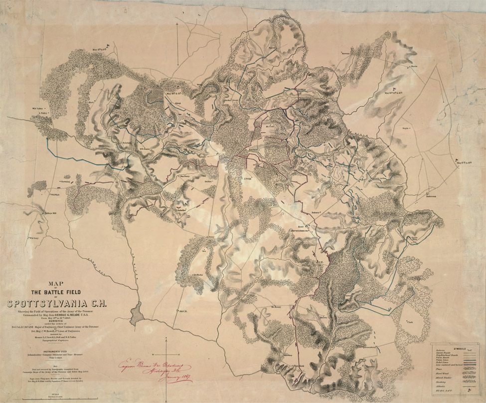 MAP OF THE BATTLE FIELD OF SPOTTSYLVANIA C.H. Showing the Field of Operations of the Army of the Potomac Commanded by Maj. Gen. GEORGE G. MEADE U.S.A From May 8th to 21st 1865. SURVEYED under the orders of Bvt, Col.J.C.Deane Major of Engineers, Chief Engineer Army of the Potomac. Bvt.Maj.C.W.Howell, 1st. Lieut. of Engineers. Assisted by Messrs L.C.Oswell.L.Bell and R.B.Talfer Topegraphical Engineers. INSTRUMENTS USED Schmalcalder Compass Odometer and Tape-Measure Time 5 days. Note Part not covered by Topograpy compiled from Campaign Maps of the Army of the Potomac and Hebel Map D.N.V. Tape men, Flag men, sconts, and Escorts detailed by Bvt.Maj.E.B.Fliot com dg. Squadron 1st Mass. vet.vol. Cavalry SCALE ENGINEER BURROW THIS DEPARTMENT WASHINGTON d.c. January 1867. SYMBOLS Batteries County Roads Neighborhood Roads Farm Roads Union Lines Rebel Lines Line captured and turned Pines Hard Wood Mixed Timber Stashing Abbatis H’d.Qr’s. A.of P.